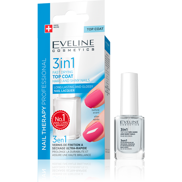 Eveline Nail Therapy 3in1 Fast Drying Top Coat Long Lasting & Glossy 12ml