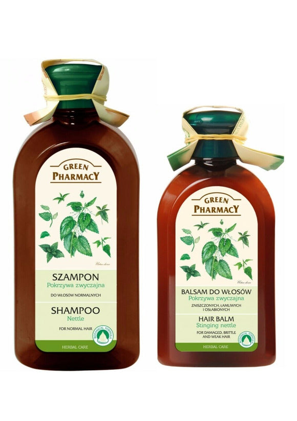 Green Pharmacy Nettle Hair Shampoo 350ml + Hair Balm 300ml Set Herbal Care