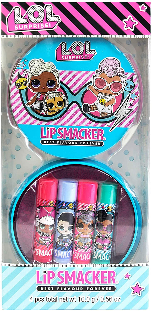 Lip Smacker - L.O.L Surprise 4 Flavoured Lip Balm Tin -   Strawberry, Blueberry, Raspberry, Vanilla - Kids Gift Set of 4 pcs.