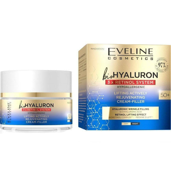 Eveline Bio Hyaluron 3 x Retinol Lifting Actively Rejuvenating Anti - Wrinkle Face Cream - Filler 50+ Day/Night 50ml