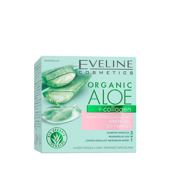 Eveline Organic Aloe + Collagen Moisturizing & Soothing Face Cream - Gel for All Skin Types 50ml